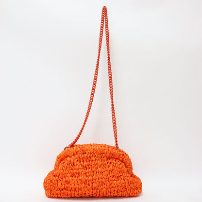 ファブリック クロシェ ショルダーバッグ / クラッチバッグ がま口型 クロスボディ 肩掛け 2WAY チェーン