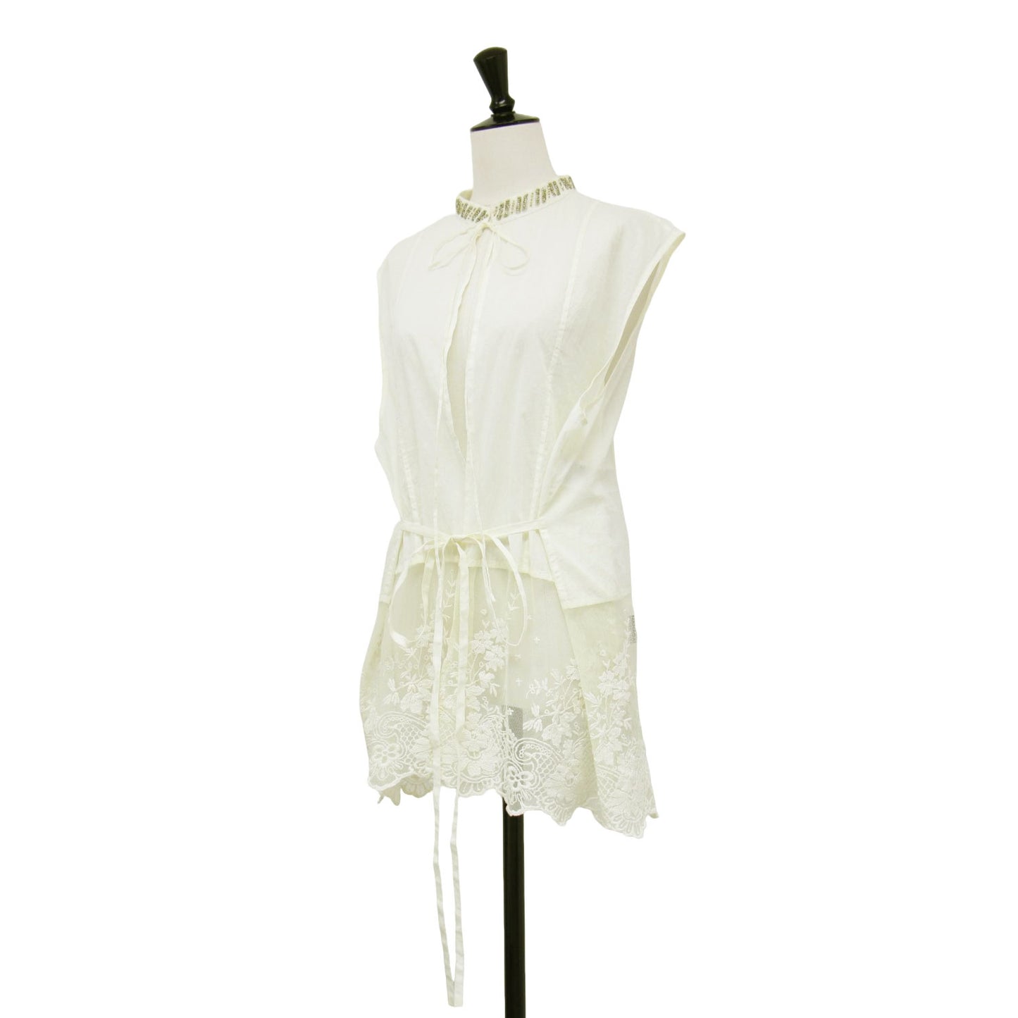 24秋冬 オーガンビジュー ブラウス / スタンドカラー ノースリーブ チュールレース コットン