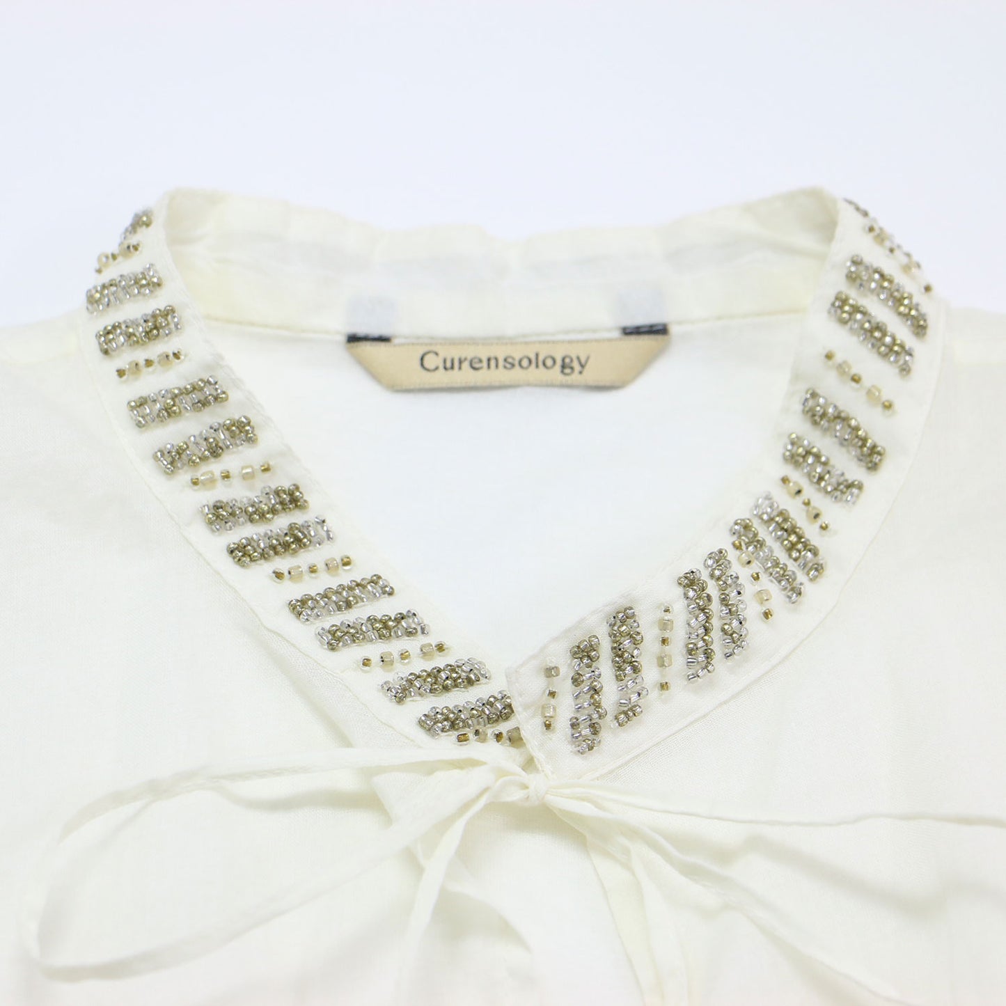 24秋冬 オーガンビジュー ブラウス / スタンドカラー ノースリーブ チュールレース コットン