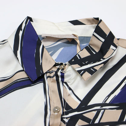 幾何学柄 ロング シャツワンピース / 7分袖 フレア 総柄 プリント サテン