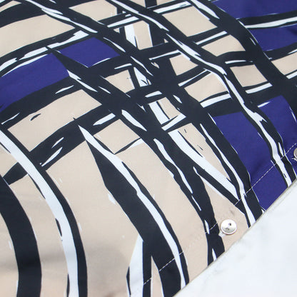 幾何学柄 ロング シャツワンピース / 7分袖 フレア 総柄 プリント サテン