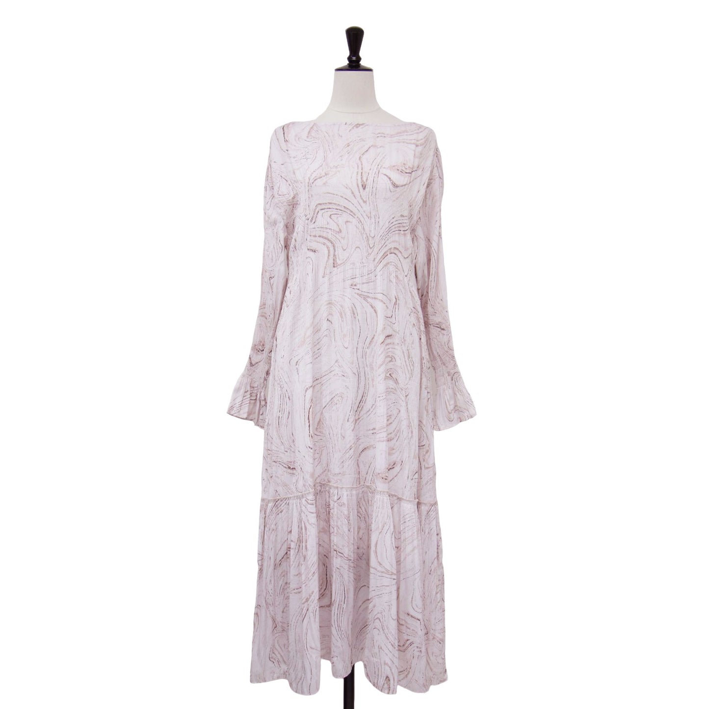 20秋冬 サテン プリーツ オーバー ワンピース / ロング丈 Vネック 長袖 フレア ボリュームスリーブ マーブル柄