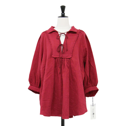 24春夏 ガーゼ スモック ブラウス / GAZE SMOCK BLOUSE 七分袖 Vネック ギャザー ラグランスリーブ コットン