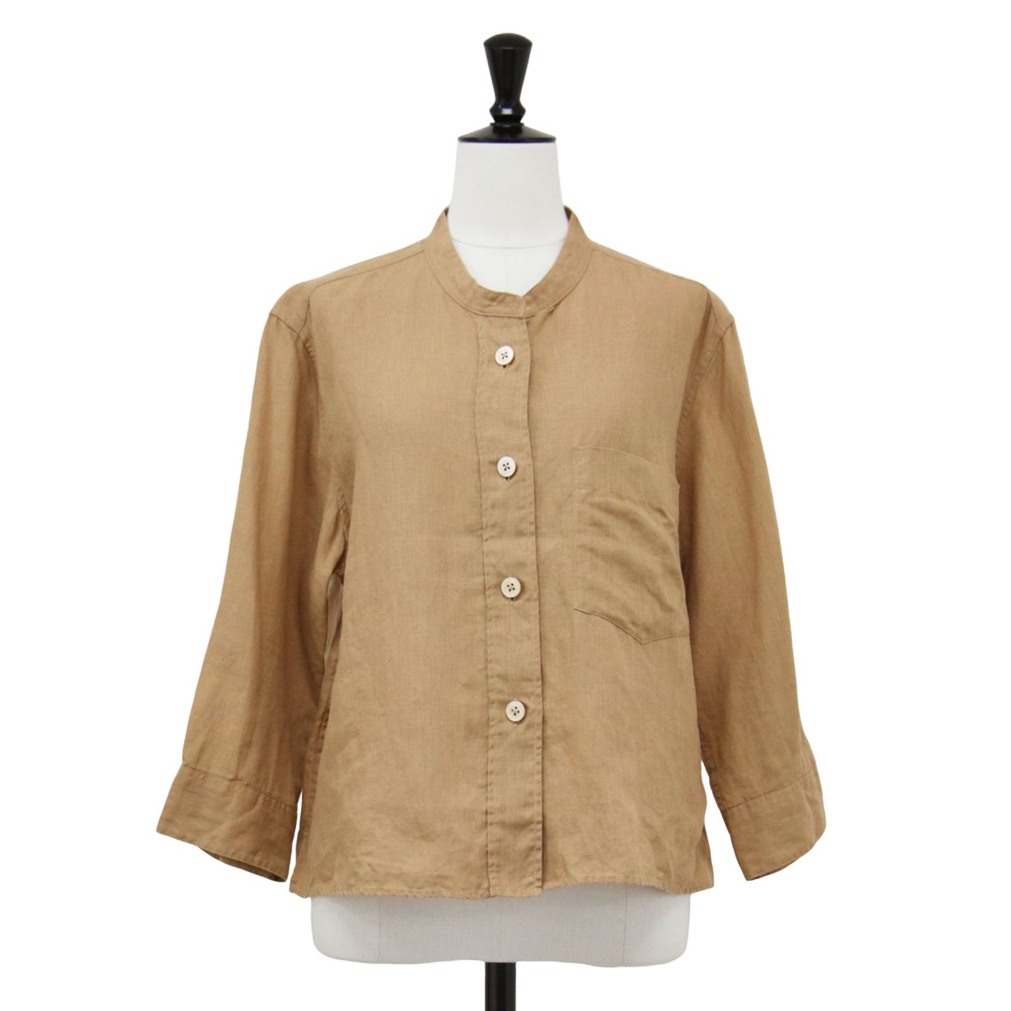 23春夏 リネン バンドカラー 7分袖 シャツ / SHIRTING LINEN ブラウス ショート丈 ポケット