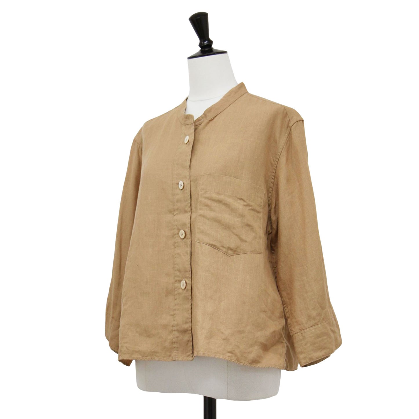 23春夏 リネン バンドカラー 7分袖 シャツ / SHIRTING LINEN ブラウス ショート丈 ポケット
