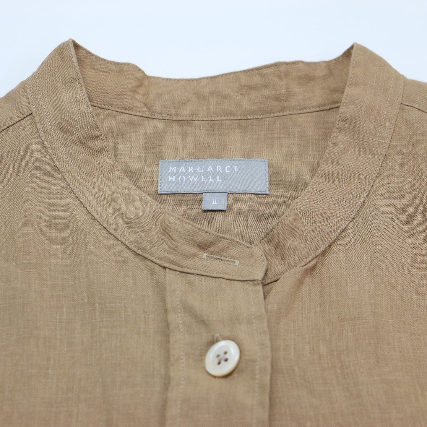 23春夏 リネン バンドカラー 7分袖 シャツ / SHIRTING LINEN ブラウス ショート丈 ポケット