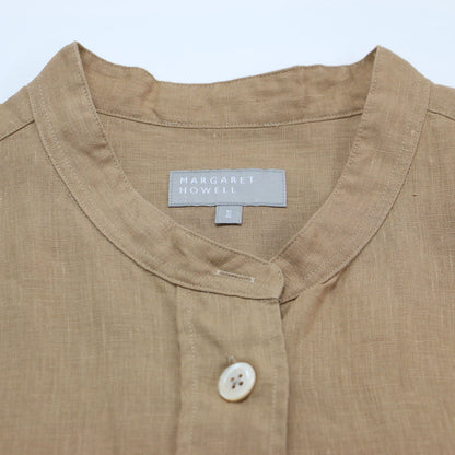 23春夏 リネン バンドカラー 7分袖 シャツ / SHIRTING LINEN ブラウス ショート丈 ポケット