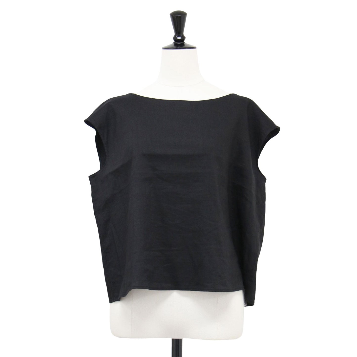 ストレッチ リネン ノースリーブ ブラウス / ECO.CRUNCH.WASH/EASY.STRAIGHT.TOP プルオーバー ショート丈 ボートネック