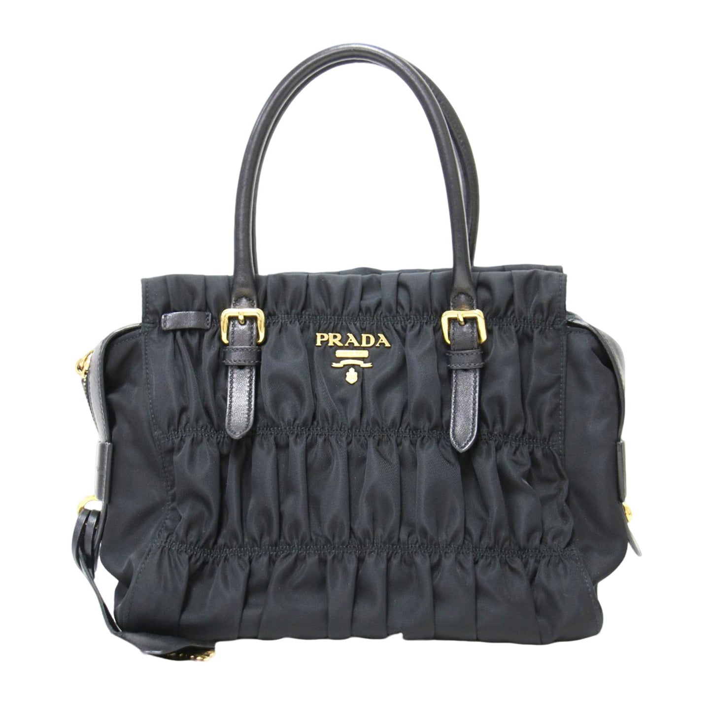 ナイロン ハンドバッグ / 1BA086 トートバッグ ギャザー メタルロゴ レザーハンドル