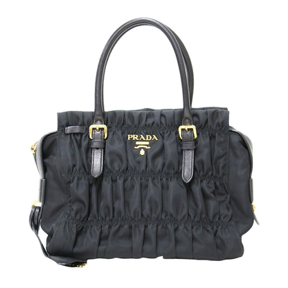 ナイロン ハンドバッグ / 1BA086 トートバッグ ギャザー メタルロゴ レザーハンドル