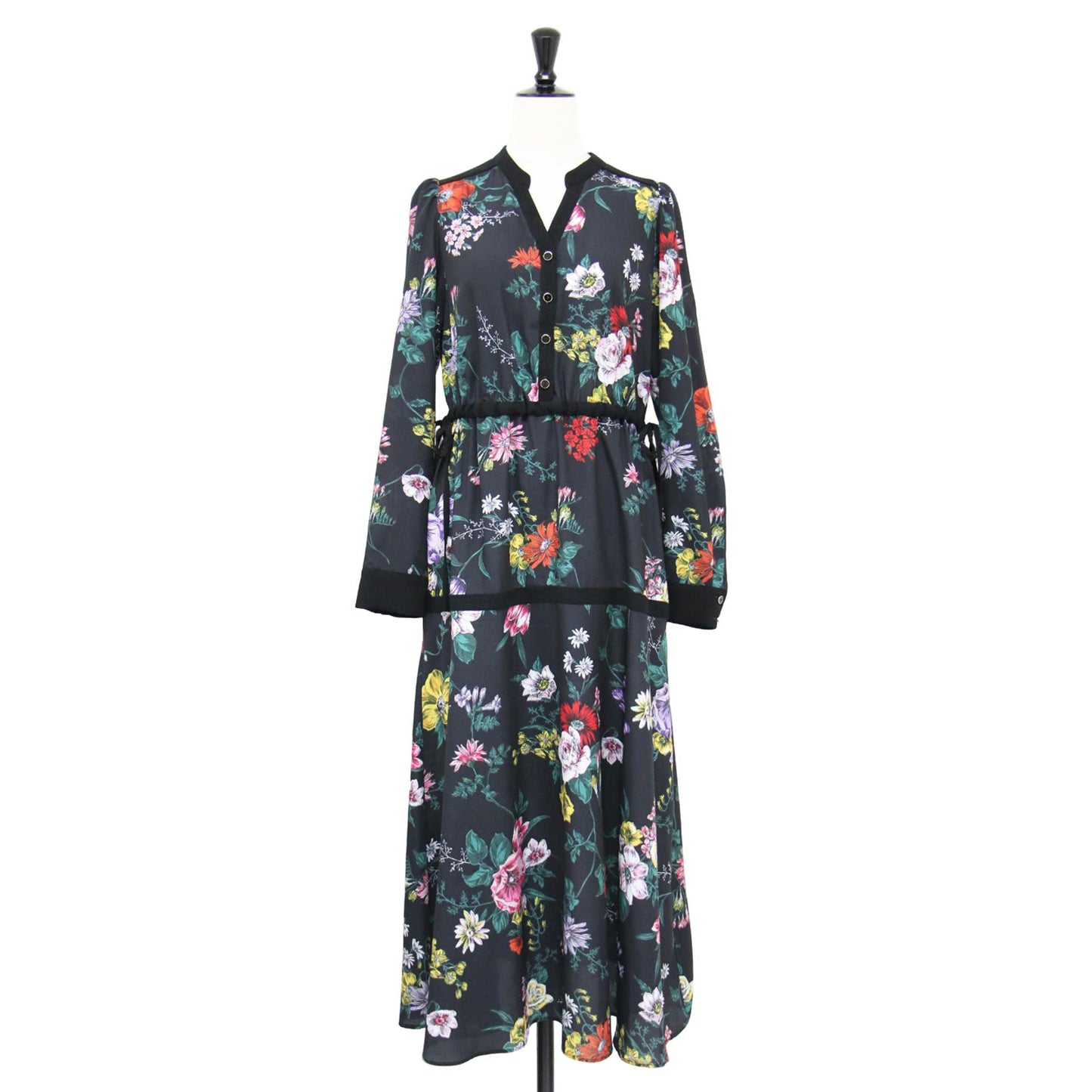 22秋冬 スタンドカラー ティアード ワンピース / ロング Vネック 長袖 フレア 花柄