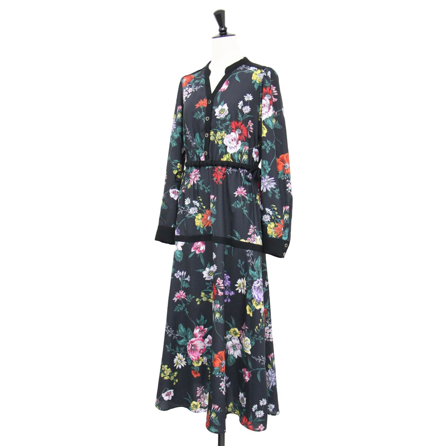 22秋冬 スタンドカラー ティアード ワンピース / ロング Vネック 長袖 フレア 花柄