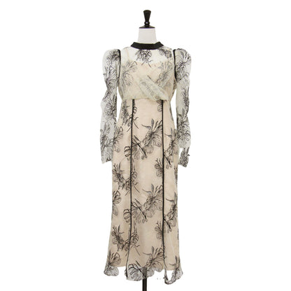 バックリボン エンブロイダリー レース ドレス / ワンピース ミディ丈 長袖 チュール スタンドカラー 2WAY