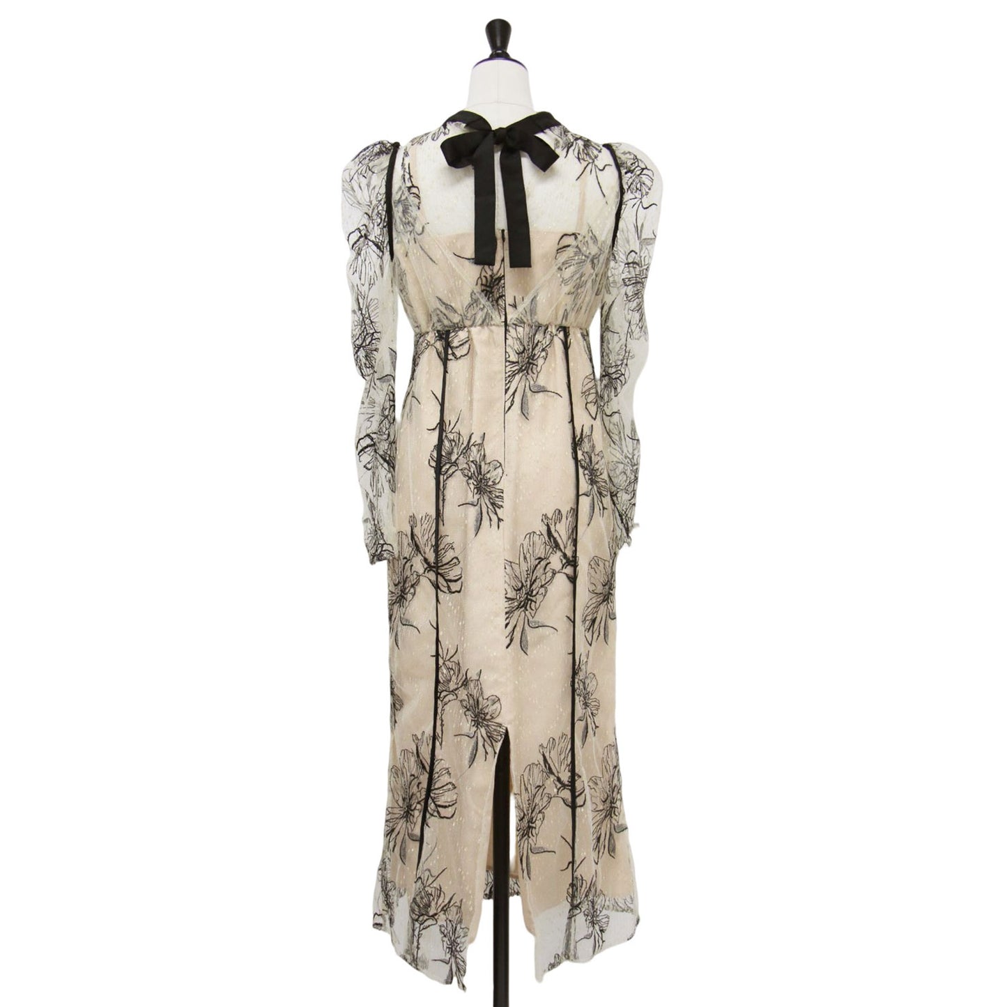 バックリボン エンブロイダリー レース ドレス / ワンピース ミディ丈 長袖 チュール スタンドカラー 2WAY