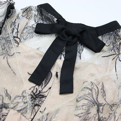 バックリボン エンブロイダリー レース ドレス / ワンピース ミディ丈 長袖 チュール スタンドカラー 2WAY