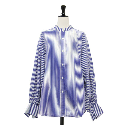 22秋冬 コットン ポプリン ギャザースリーブ シャツ / ブラウス バンドカラー 長袖 ボリュームスリーブ ストライプ