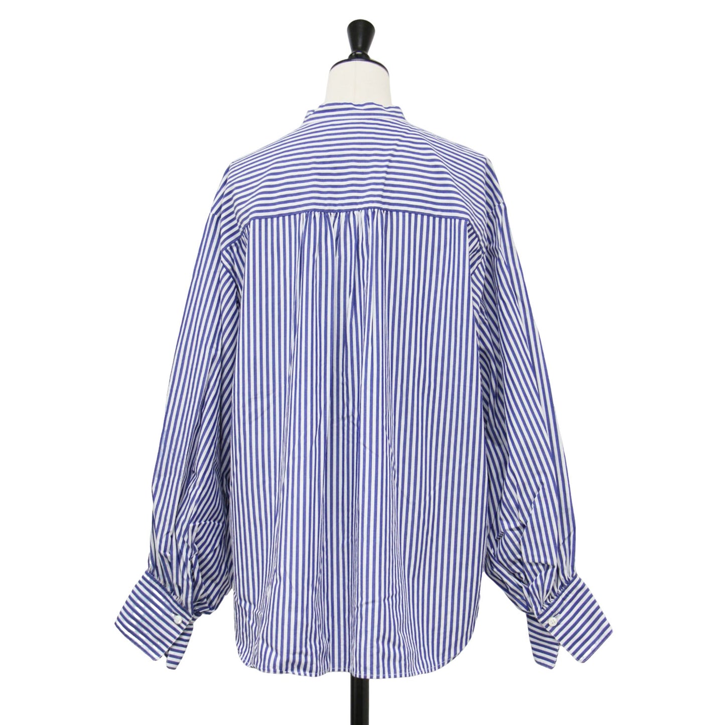 22秋冬 コットン ポプリン ギャザースリーブ シャツ / ブラウス バンドカラー 長袖 ボリュームスリーブ ストライプ