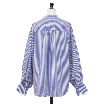 22秋冬 コットン ポプリン ギャザースリーブ シャツ / ブラウス バンドカラー 長袖 ボリュームスリーブ ストライプ