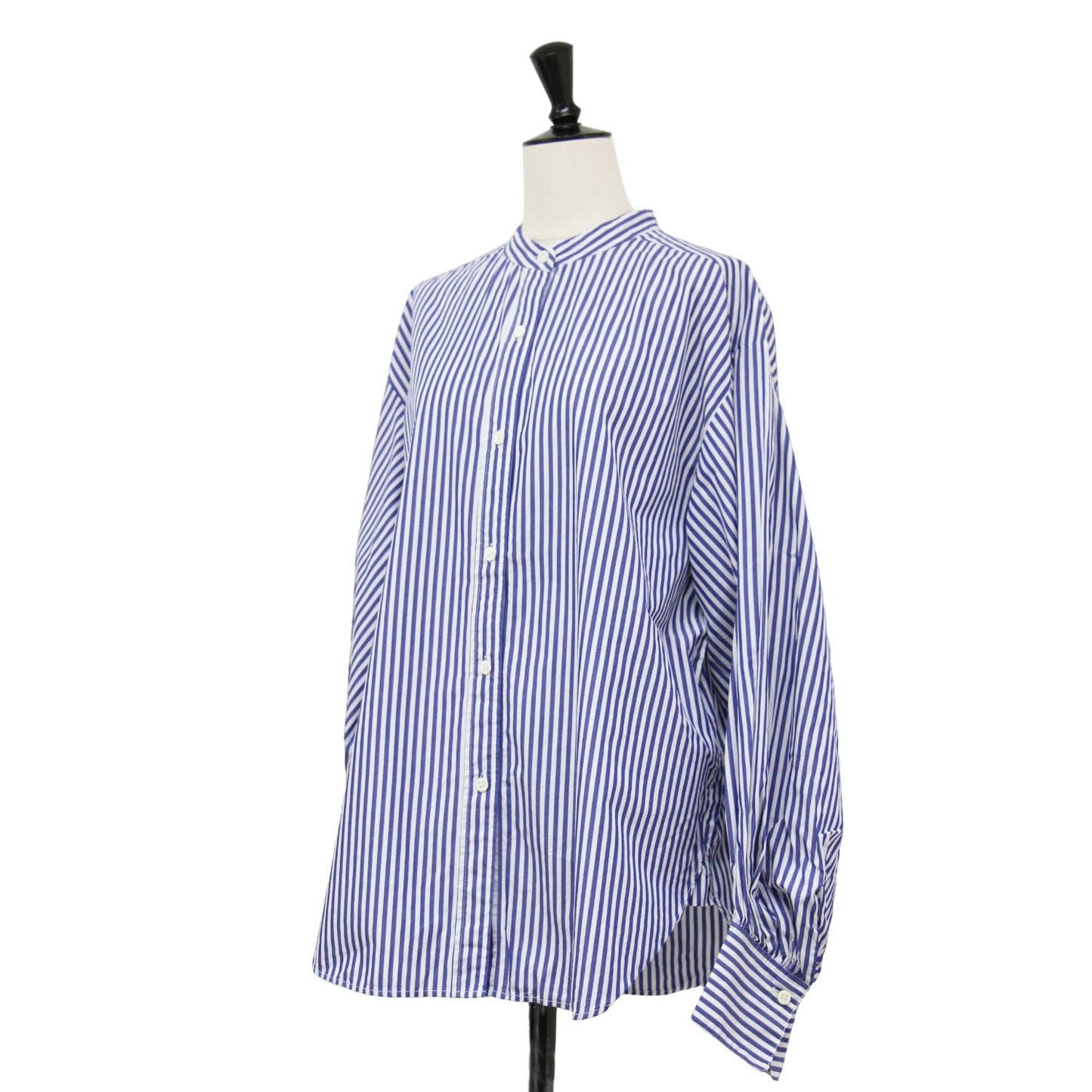 22秋冬 コットン ポプリン ギャザースリーブ シャツ / ブラウス バンドカラー 長袖 ボリュームスリーブ ストライプ