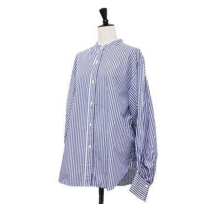 22秋冬 コットン ポプリン ギャザースリーブ シャツ / ブラウス バンドカラー 長袖 ボリュームスリーブ ストライプ