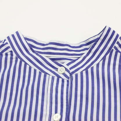 22秋冬 コットン ポプリン ギャザースリーブ シャツ / ブラウス バンドカラー 長袖 ボリュームスリーブ ストライプ