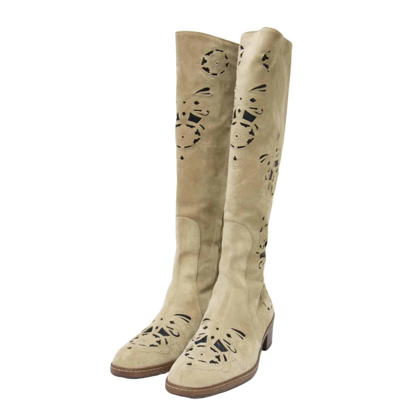 スエード カットワーク ロング ブーツ / ウエスタンブーツ ラウンドトゥ 牛革