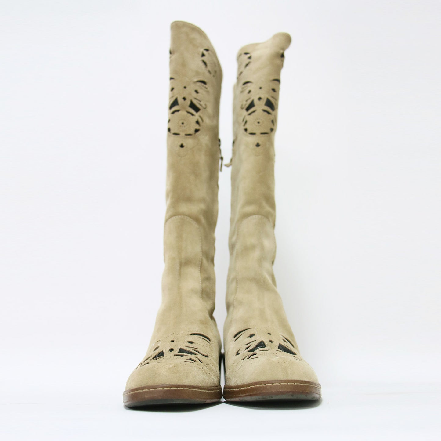 スエード カットワーク ロング ブーツ / ウエスタンブーツ ラウンドトゥ 牛革