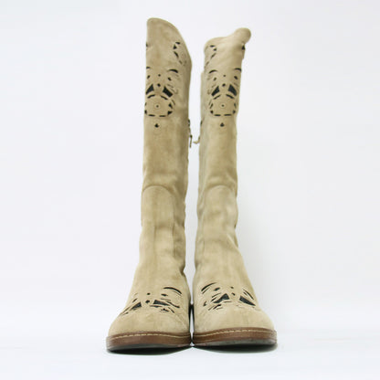 スエード カットワーク ロング ブーツ / ウエスタンブーツ ラウンドトゥ 牛革