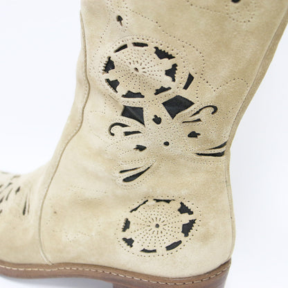 スエード カットワーク ロング ブーツ / ウエスタンブーツ ラウンドトゥ 牛革