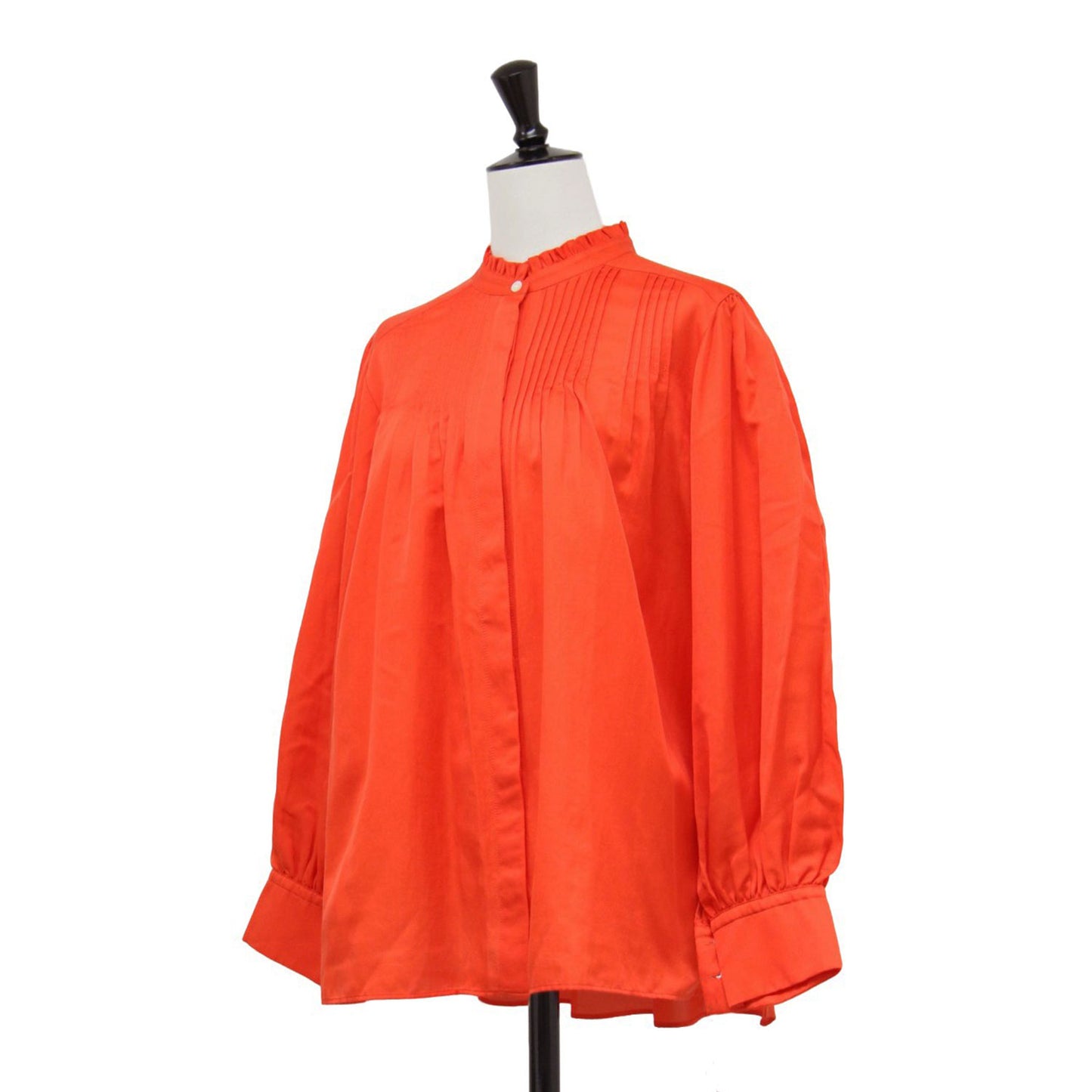 24春夏 コットン シルク サテン ピンタック ギャザー ブラウス / シャツ 長袖 フリルカラー ボリュームスリーブ Aライン