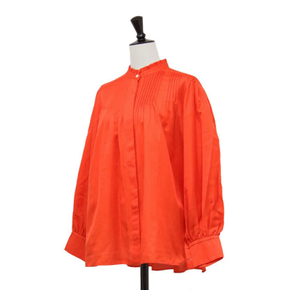 24春夏 コットン シルク サテン ピンタック ギャザー ブラウス / シャツ 長袖 フリルカラー ボリュームスリーブ Aライン