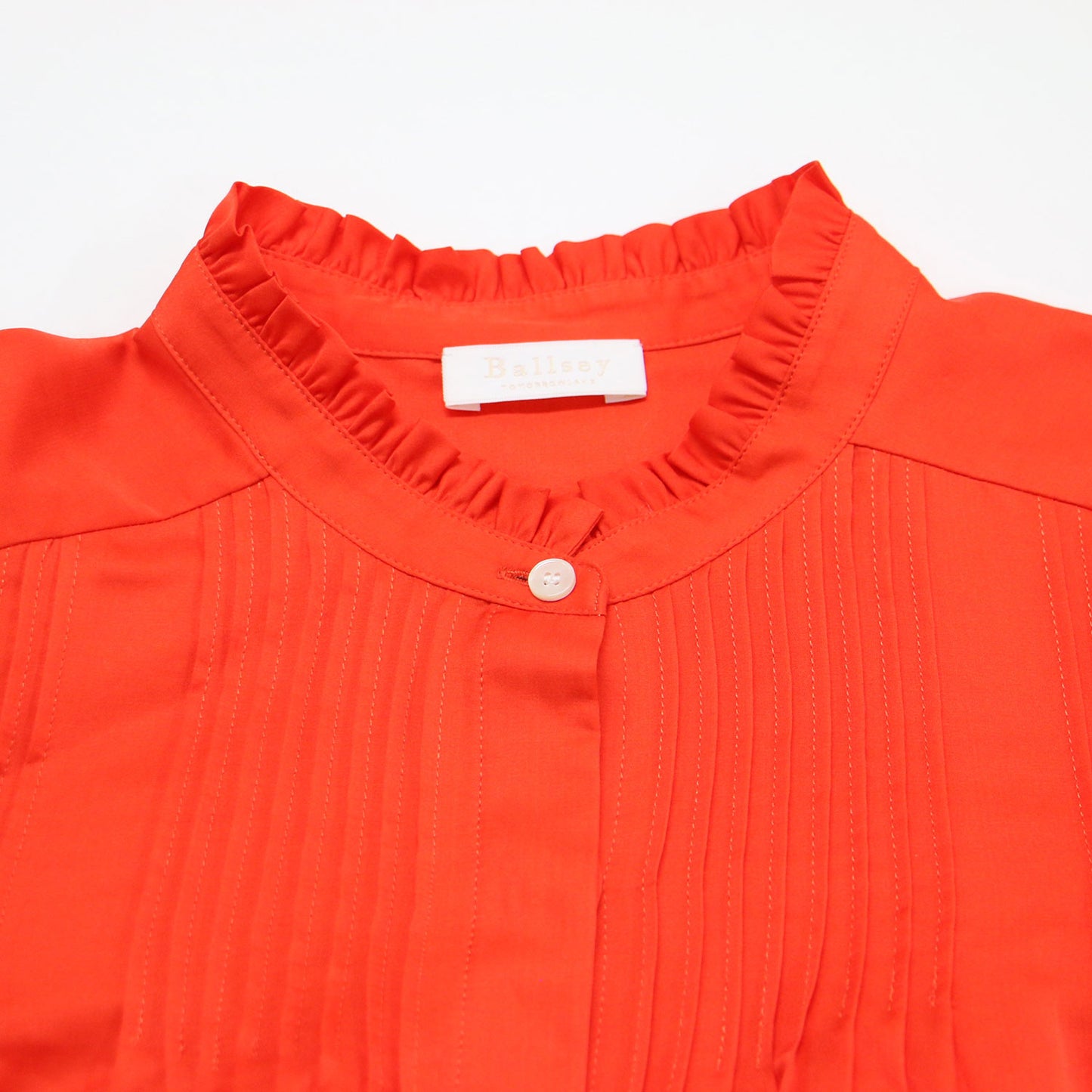 24春夏 コットン シルク サテン ピンタック ギャザー ブラウス / シャツ 長袖 フリルカラー ボリュームスリーブ Aライン