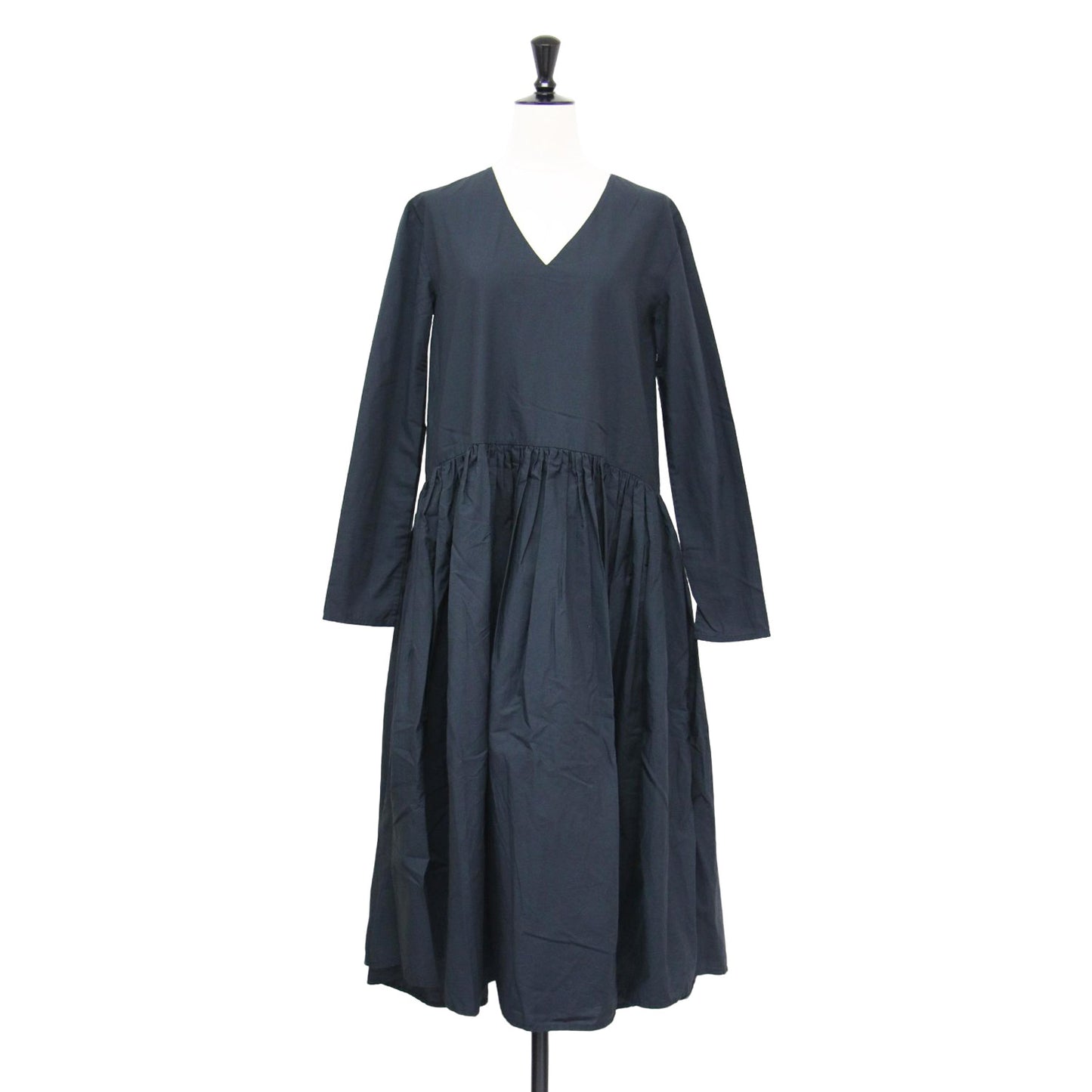 Vネック 切替 フレア ドレス / ワンピース 長袖 ロング丈 ギャザー タック コットン