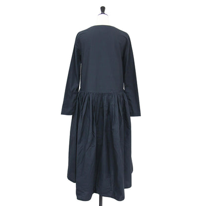 Vネック 切替 フレア ドレス / ワンピース 長袖 ロング丈 ギャザー タック コットン