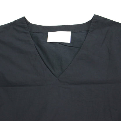 Vネック 切替 フレア ドレス / ワンピース 長袖 ロング丈 ギャザー タック コットン