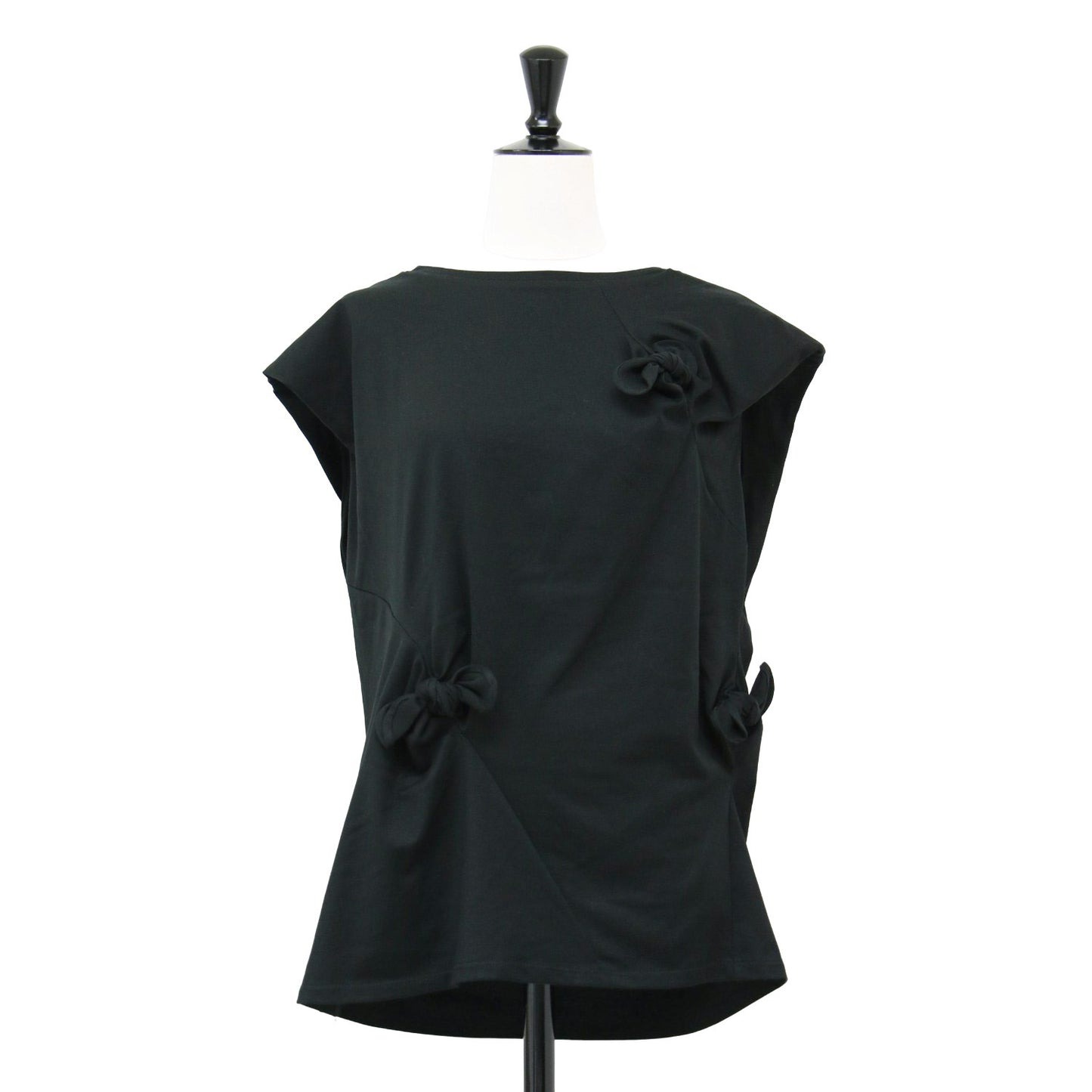 ノースリーブ リボン デザイン カットソー / Tシャツ フレンチスリーブ ストレッチ コットン