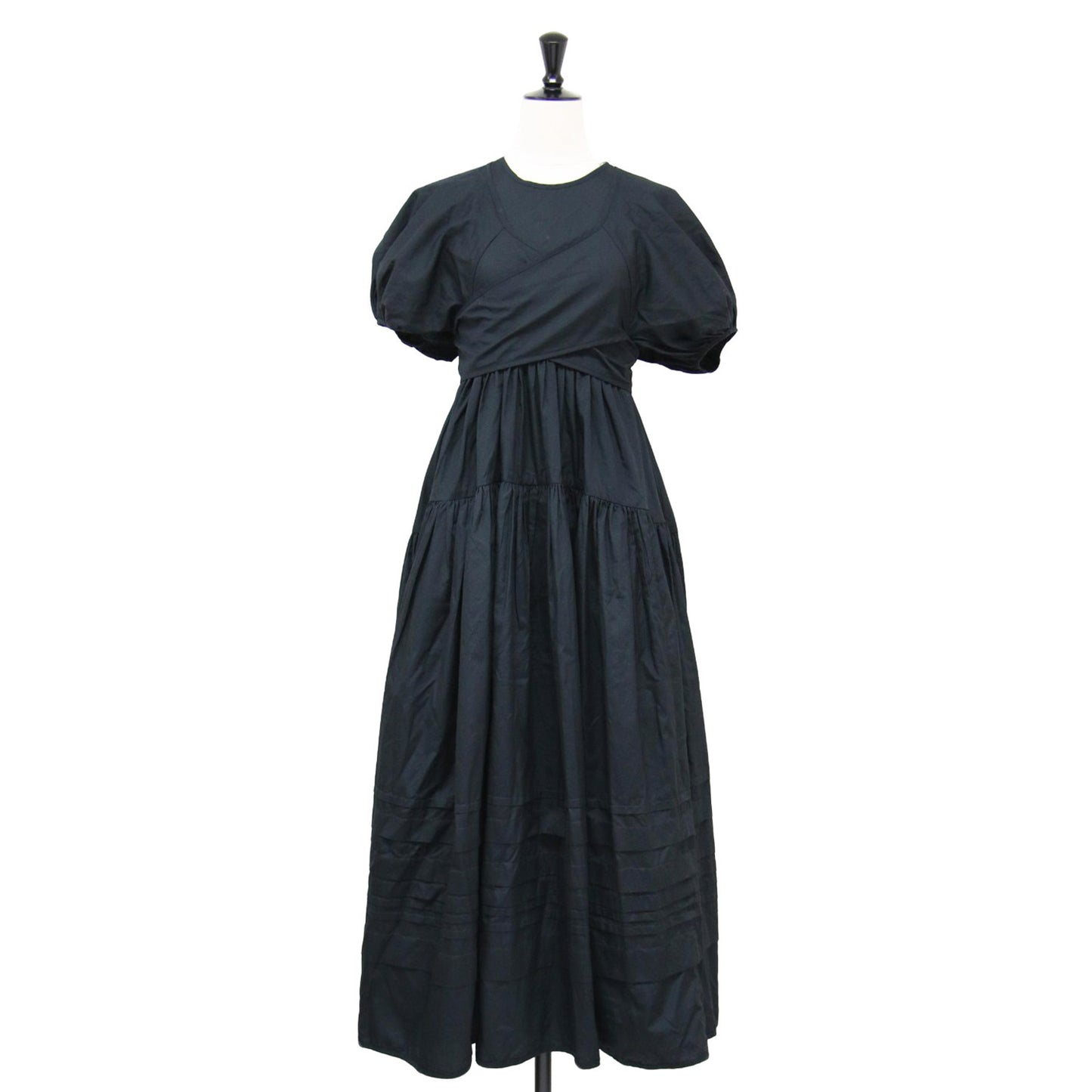 パフスリーブ ティアード ボリューム ロング ワンピース / ドレス マキシ丈 半袖 クルーネック リボン コットン