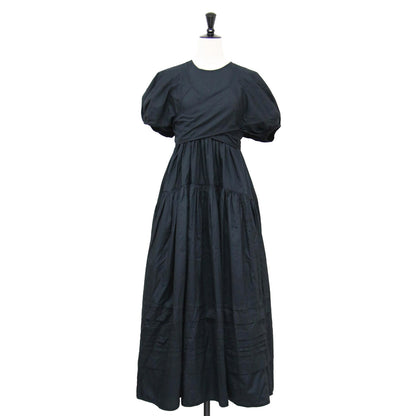 パフスリーブ ティアード ボリューム ロング ワンピース / ドレス マキシ丈 半袖 クルーネック リボン コットン