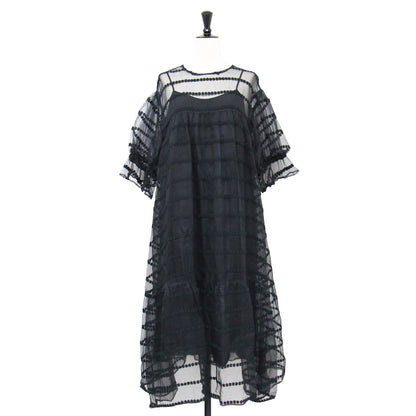 レース 花柄 刺繍 シアー ワンピース / ドレス ミディ丈 半袖 クルーネック パフスリーブ フレア Aライン