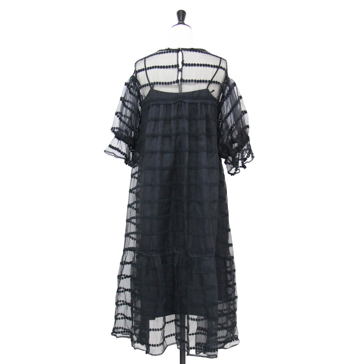 レース 花柄 刺繍 シアー ワンピース / ドレス ミディ丈 半袖 クルーネック パフスリーブ フレア Aライン