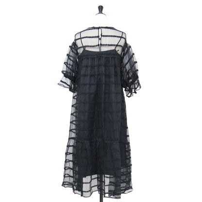 レース 花柄 刺繍 シアー ワンピース / ドレス ミディ丈 半袖 クルーネック パフスリーブ フレア Aライン