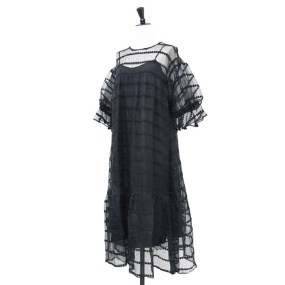 レース 花柄 刺繍 シアー ワンピース / ドレス ミディ丈 半袖 クルーネック パフスリーブ フレア Aライン