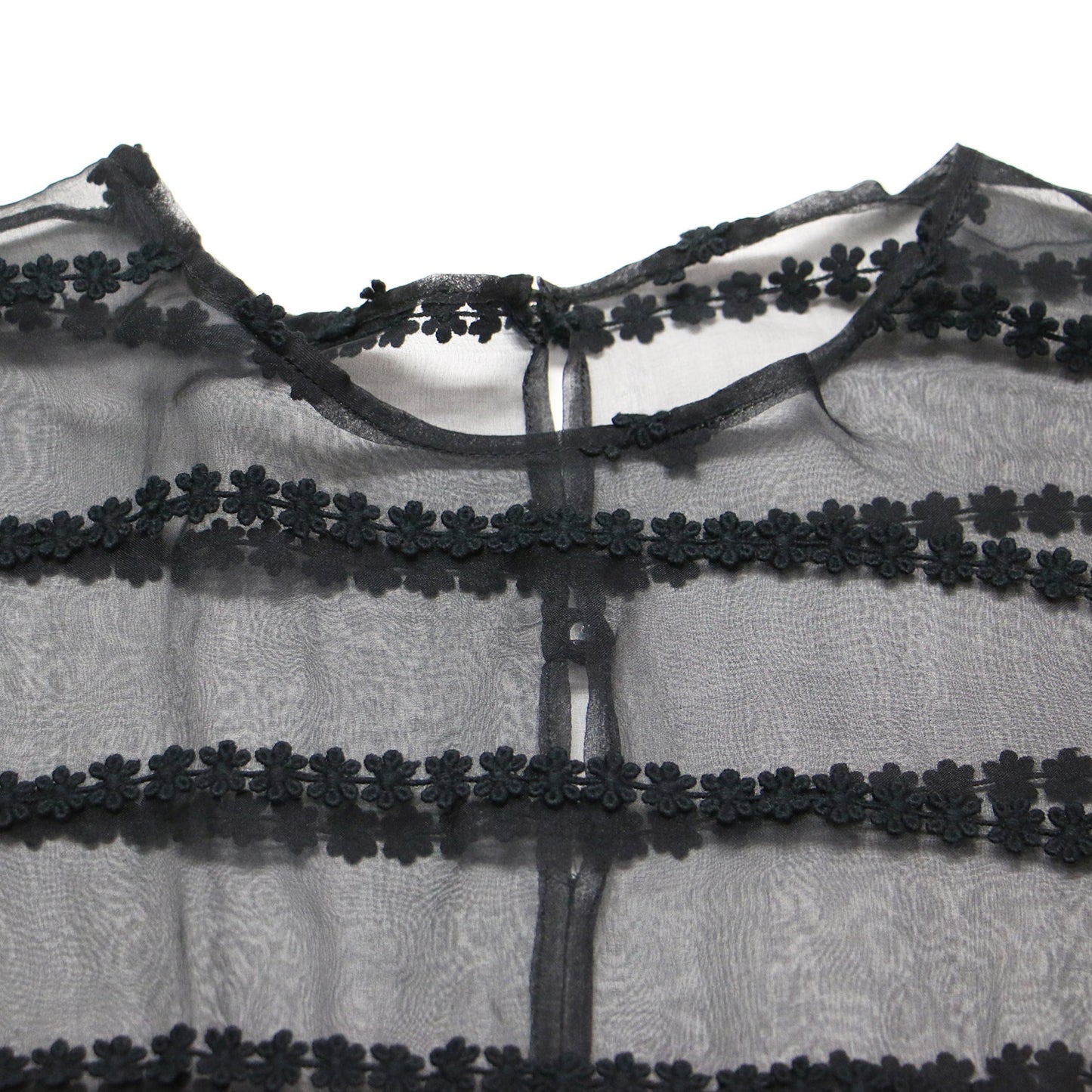 レース 花柄 刺繍 シアー ワンピース / ドレス ミディ丈 半袖 クルーネック パフスリーブ フレア Aライン