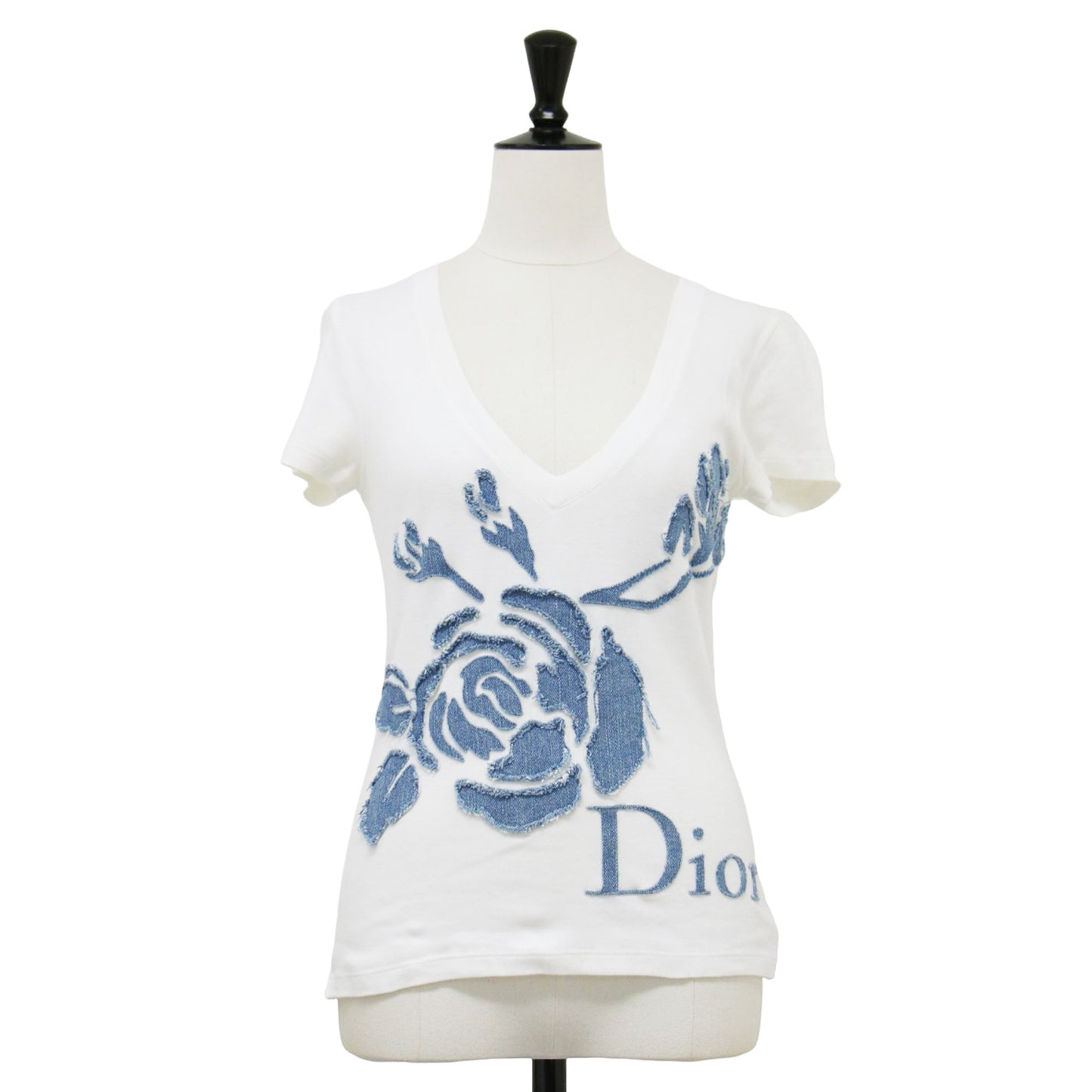 フラワー 刺繍 デニム 半袖 Tシャツ / カットソー Vネック コンパクト コットン