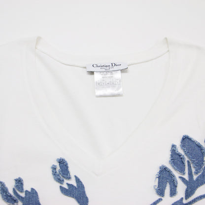 フラワー 刺繍 デニム 半袖 Tシャツ / カットソー Vネック コンパクト コットン