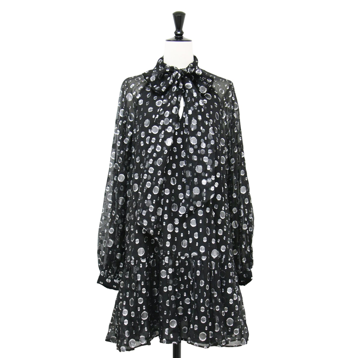 24秋冬 スペース ドット タイネック ドレス / ワンピース ミニ丈 長袖 ラグランスリーブ Aライン リボン シルク