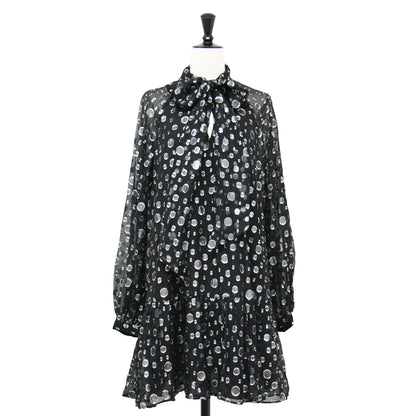 24秋冬 スペース ドット タイネック ドレス / ワンピース ミニ丈 長袖 ラグランスリーブ Aライン リボン シルク