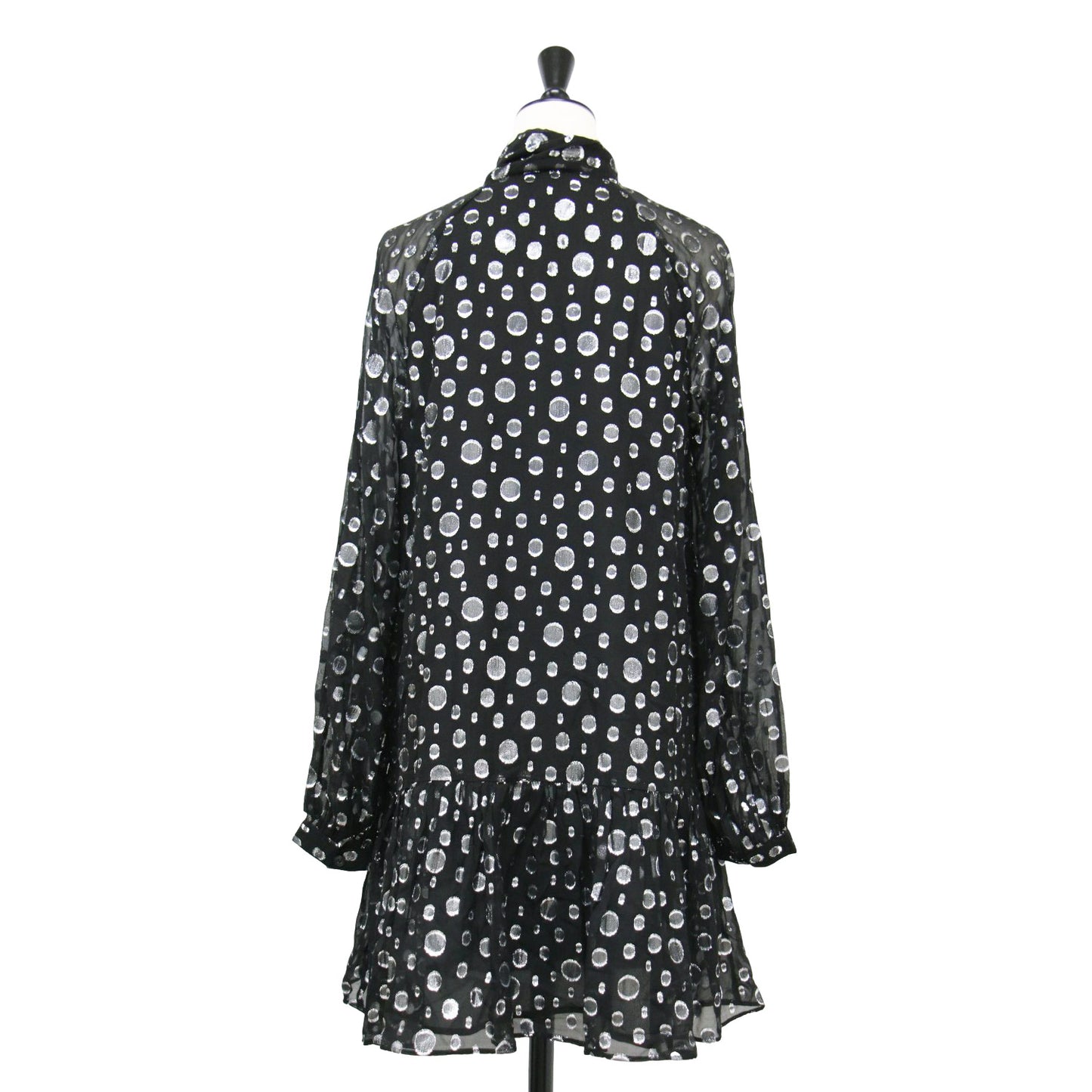 24秋冬 スペース ドット タイネック ドレス / ワンピース ミニ丈 長袖 ラグランスリーブ Aライン リボン シルク