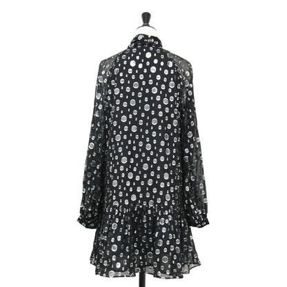 24秋冬 スペース ドット タイネック ドレス / ワンピース ミニ丈 長袖 ラグランスリーブ Aライン リボン シルク