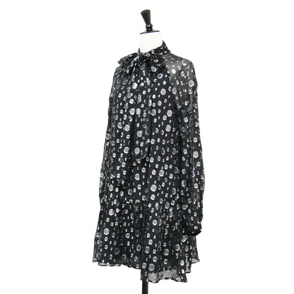 24秋冬 スペース ドット タイネック ドレス / ワンピース ミニ丈 長袖 ラグランスリーブ Aライン リボン シルク